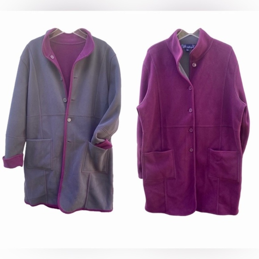 2 Two Beautiful Long Purple Gray Fleece Coat Cold Weather Large Reversible Grey